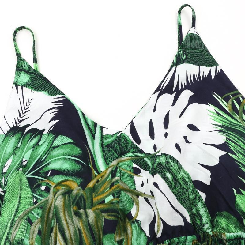 Clothing Boho Green Ruffle Leaf Print Sexy Jumpsuit (US 10-16)