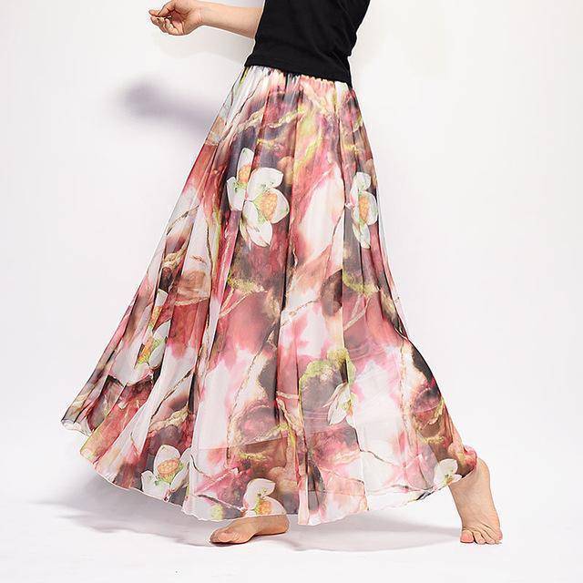 Clothing Brown Fits 20"-39" waist, Chiffon Floral Printed Boho long (Floor Length) Skirt  Fits up to (US 16)