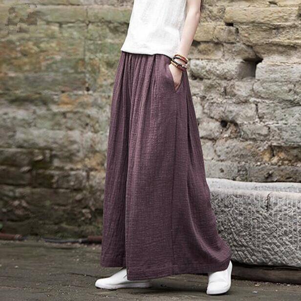 Clothing Brown / M (US 2) Loose Wide  Elastic Waist Cotton linen Trousers (US 2-18W)