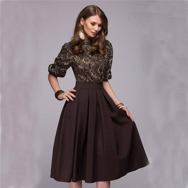 Clothing Brown / S (US 4-6) Spring  New Fashion Printed Stitching Pleated Dress O-Neck 3/4 Lantern Sleeve Elegant Party Retro Dress (US 4-16)