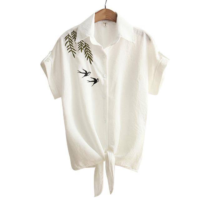 Clothing Brown / S (US 8-10) Embroidery White Top Blouses Shirts (US 8-16)