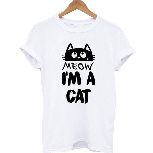 100% Cotton Meow Print Women Cat T shirt