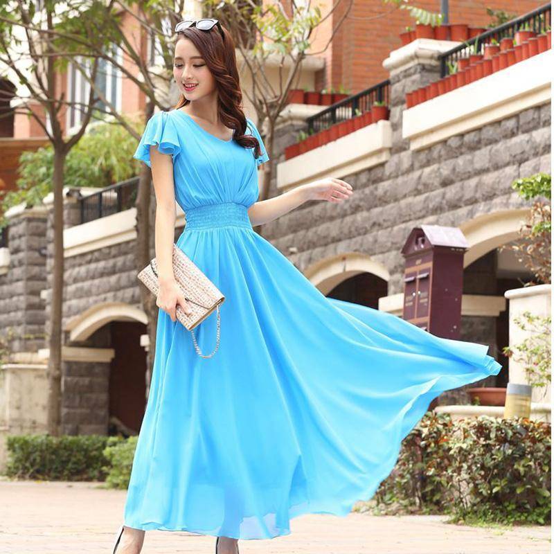 Clothing Chiffon Solid Bohemian Dress Maxi dresses V-Neck Causal  (US 6-12)