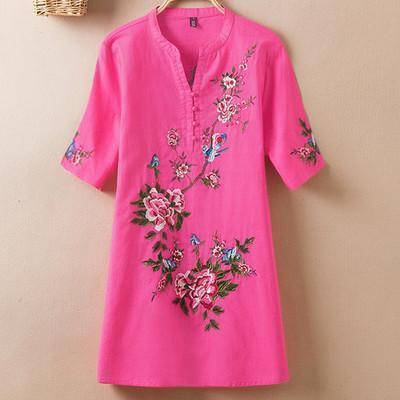 Clothing Color 2 / L (US 10-12) Plus Size - US (10-20W)  Embroidery Vintage Print Floral Linen Blouses, Short Sleeve V-Neck Shirt, Plus size