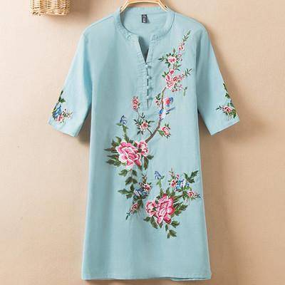 Clothing Color 4 / L (US 10-12) Plus Size - US (10-20W)  Embroidery Vintage Print Floral Linen Blouses, Short Sleeve V-Neck Shirt, Plus size