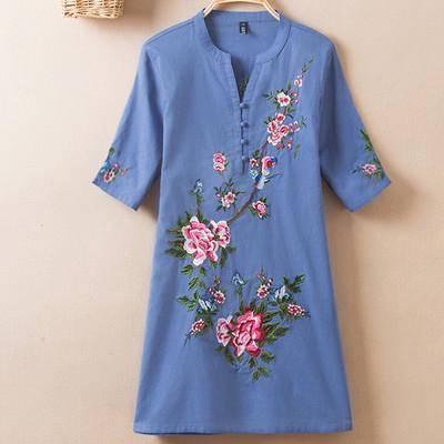 Clothing Color 5 / L (US 10-12) Plus Size - US (10-20W)  Embroidery Vintage Print Floral Linen Blouses, Short Sleeve V-Neck Shirt, Plus size