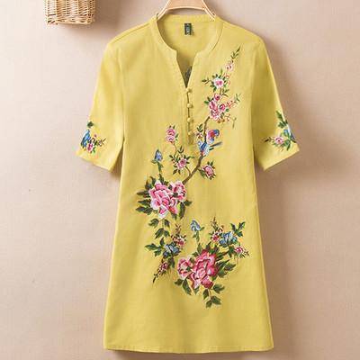 Plus Size - US (10-20W) Embroidery Vintage Print Floral Linen Blouses,  Short Sleeve V-Neck Shirt, Plus size