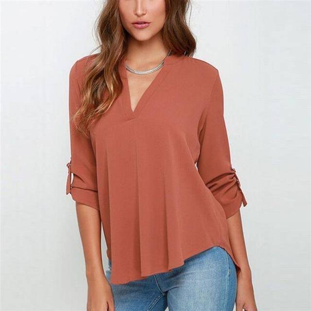 Clothing Coral / S (US 8-10) Plus Size - New Summer Fashion Women Casual V-neck Long Sleeve Blouse Casual Womens Loose Tops Blouses Clothing (8-22W)