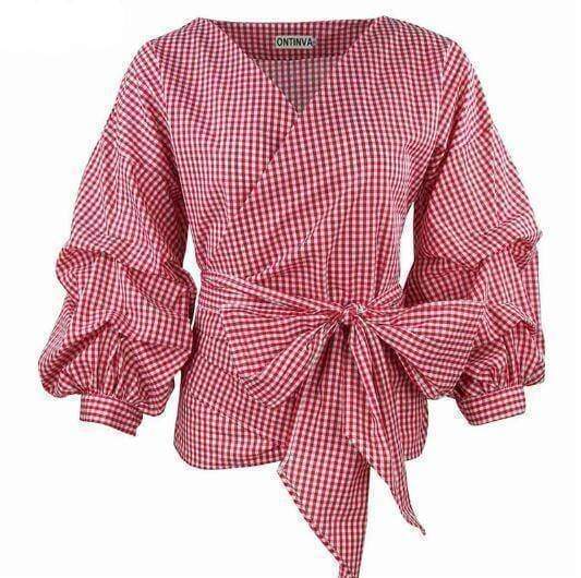 Clothing Crimson / S (US 2-4) Plus Size - Puff Sleeve Blouse with Belt Women Sexy V Neck  Plaid Tops  (US 2-22W)