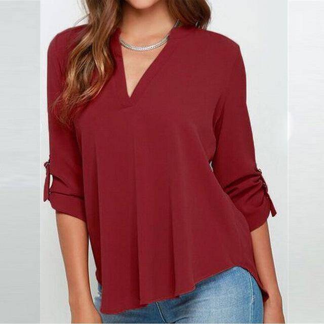 Clothing Crimson / S (US 8-10) Plus Size - New Summer Fashion Women Casual V-neck Long Sleeve Blouse Casual Womens Loose Tops Blouses Clothing (8-22W)