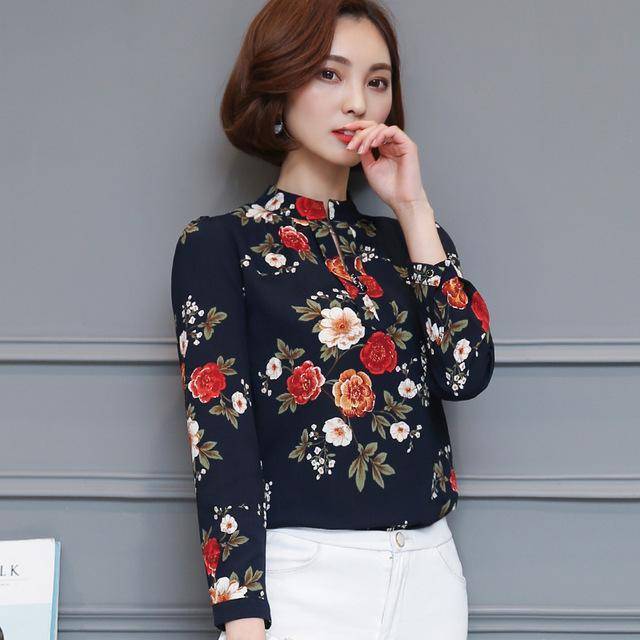 Clothing Dark Blue Long Sleeve / S (US 4-6) Korean floral printed chiffon shirt tops  (US 4-16)