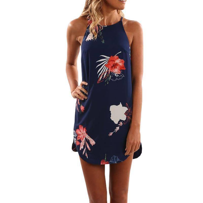 Clothing dark blue / S (US 4-6) Summer Beach Sleeveless Floral Printed Long Shirt / Mini Dresses  (US 4-14)