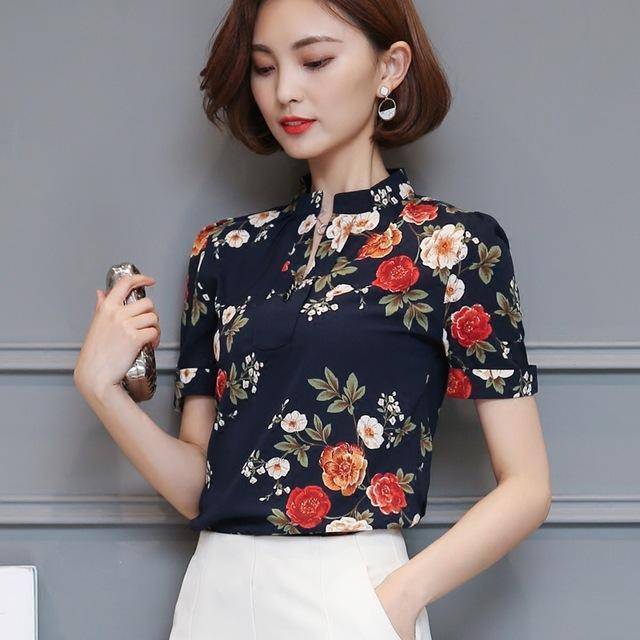 Clothing Dark Blue Short Sleeve / S (US 4-6) Korean floral printed chiffon shirt tops  (US 4-16)