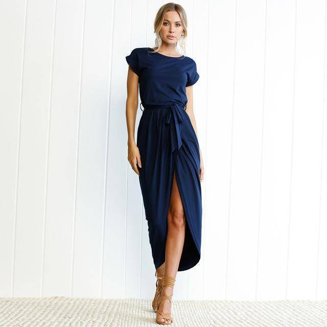 6 Colors High Split Casual Long Maxi Dress Solid Womens Retro Dresses With Belt