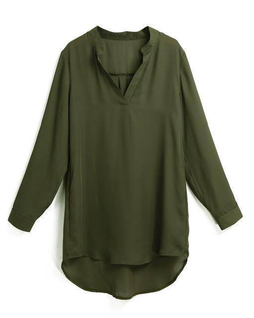 Clothing Dark Green / S (US 12) Plus Size - Chiffon Blouse Shirt, V Neck Pockets Roll up Long Sleeve Asymmetrical Shirt  (US 12-22W)