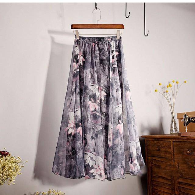Clothing Dark grey Fits 20"-39" waist, Chiffon Floral Printed Boho long (Floor Length) Skirt  Fits up to (US 16)