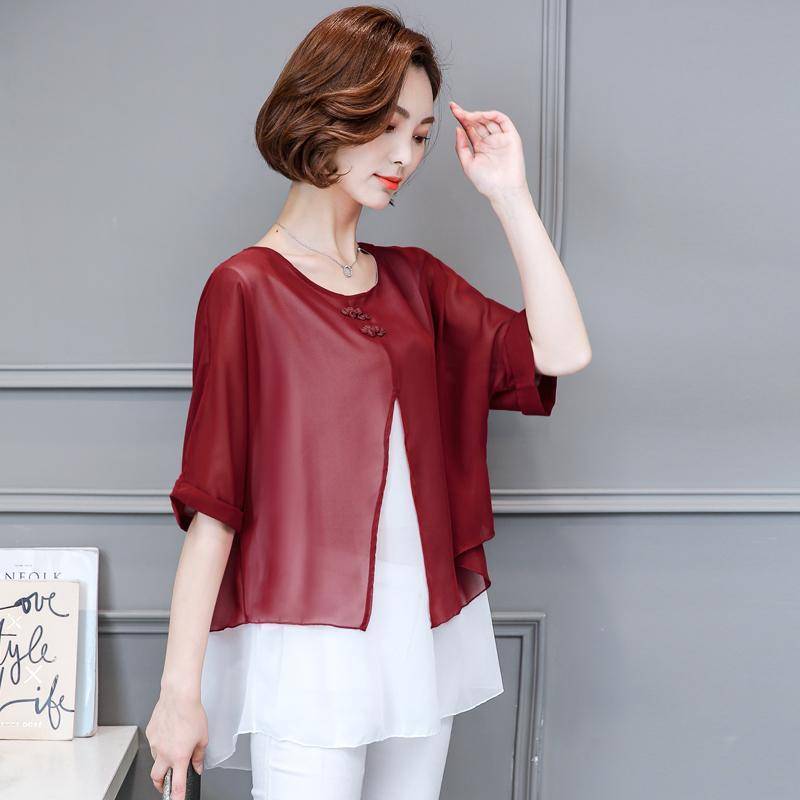 Clothing Dark Red / M (US 4-6) Spliced Women Blouse Shirt Casual Blusas Spring Summer Blouse Batwing Sleeve Loose O-neck Top Tee Plus Size (US 4-16)