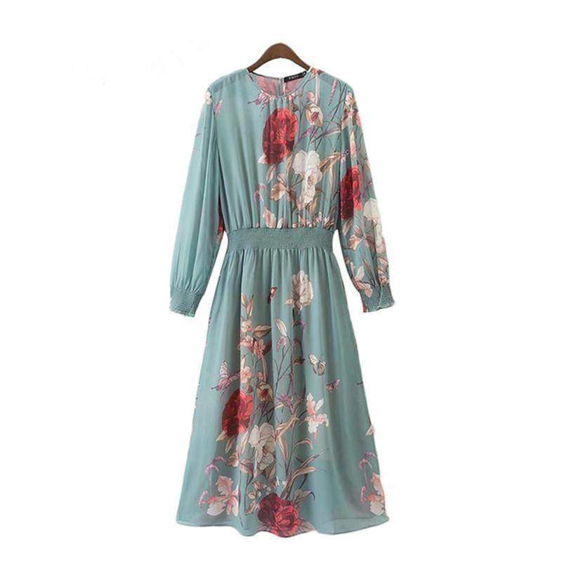 Clothing Elastic Wasit Vintage Print Floral Flower Long Sleeve Green Dress New ZA Design Casual Brief Party Evening Vestidos Streetwear (US 12-16W)