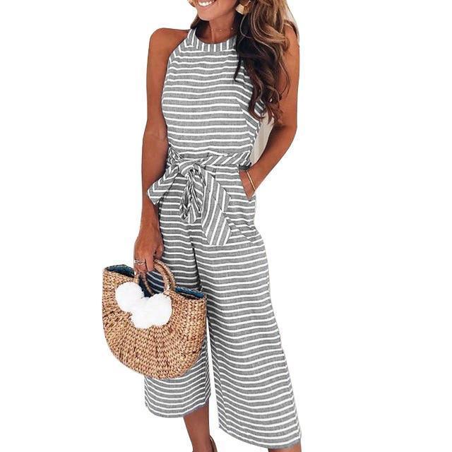 Clothing Elegant Sexy Jumpsuits Women Sleeveless Striped Jumpsuit Loose Trousers Wide Leg Pants Rompers Holiday Belted Leotard Overalls (US 6-16)