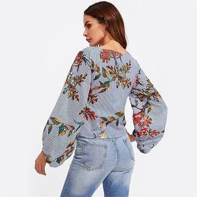 Clothing Exaggerated Lantern Sleeve Belted Mixed Print Blouse Womens Long Sleeve Tops Autumn Blue Striped Floral Blouse (US 10-16W