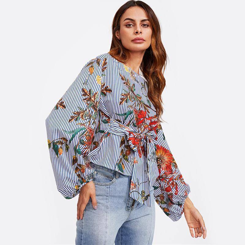 Clothing Exaggerated Lantern Sleeve Belted Mixed Print Blouse Womens Long Sleeve Tops Autumn Blue Striped Floral Blouse (US 10-16W