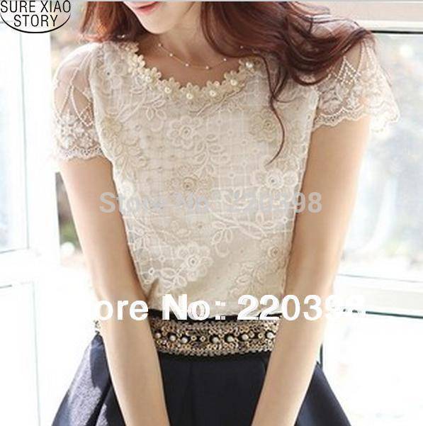Clothing fashion Summer New Offer women's chiffon shirt lace top beading embroidery o-neck  Women's Blouses Blouse  S-XXXL  d338A31 (US 2-16)