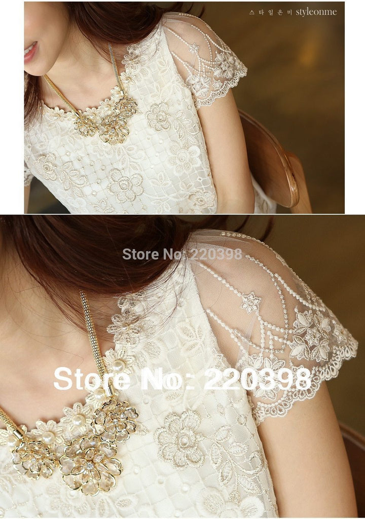 Clothing Fashion Summer New Offer women's chiffon shirt lace top beading embroidery o-neck  Women's Blouses Blouse  S-XXXL  d338A31 (US 2-16)
