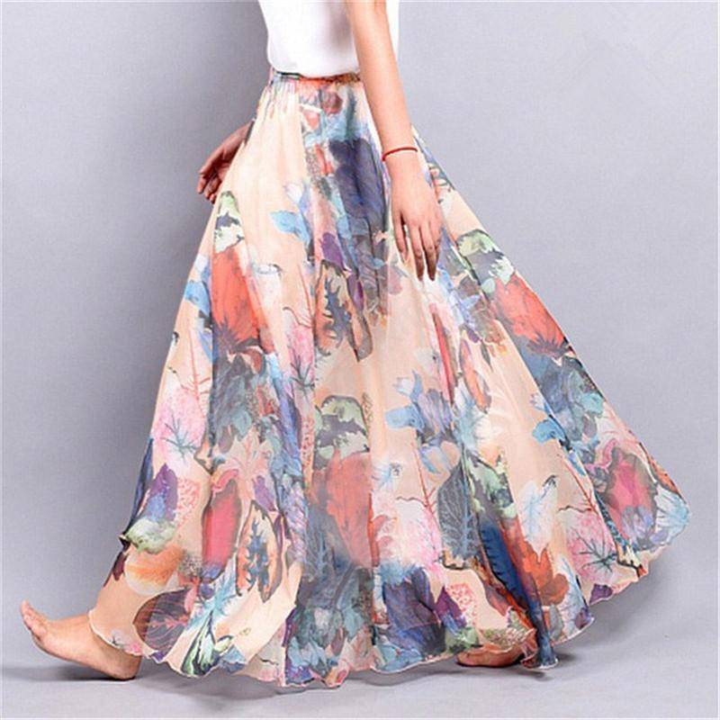 Clothing Fits 20"-39" waist, Chiffon Floral Printed Boho long (Floor Length) Skirt  Fits up to (US 16)