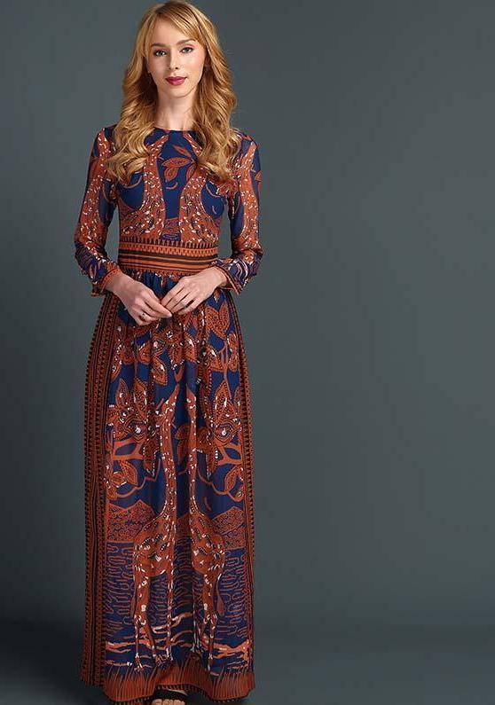 Clothing Floral long sleeve Long Dress orange blue  Print Maxi Dress (US 6-16W)