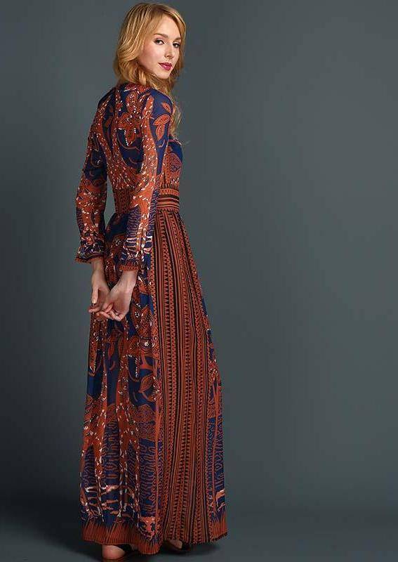 Clothing Floral long sleeve Long Dress orange blue  Print Maxi Dress (US 6-16W)