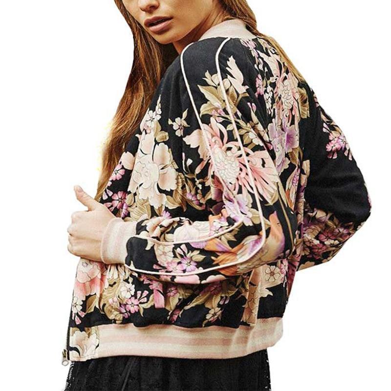 Floral Print Bomber Jacket Women Coat New Fashion O Neck Long Sleeve  Streetwear Outwear Casual Casaco Feminino (US 14-18W)