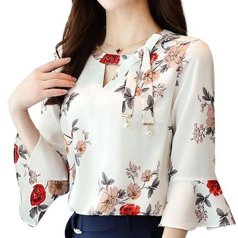 Clothing Floral Print Shirts Elegant Three Quarter Flare Sleeves Chiffon (US 4-16)