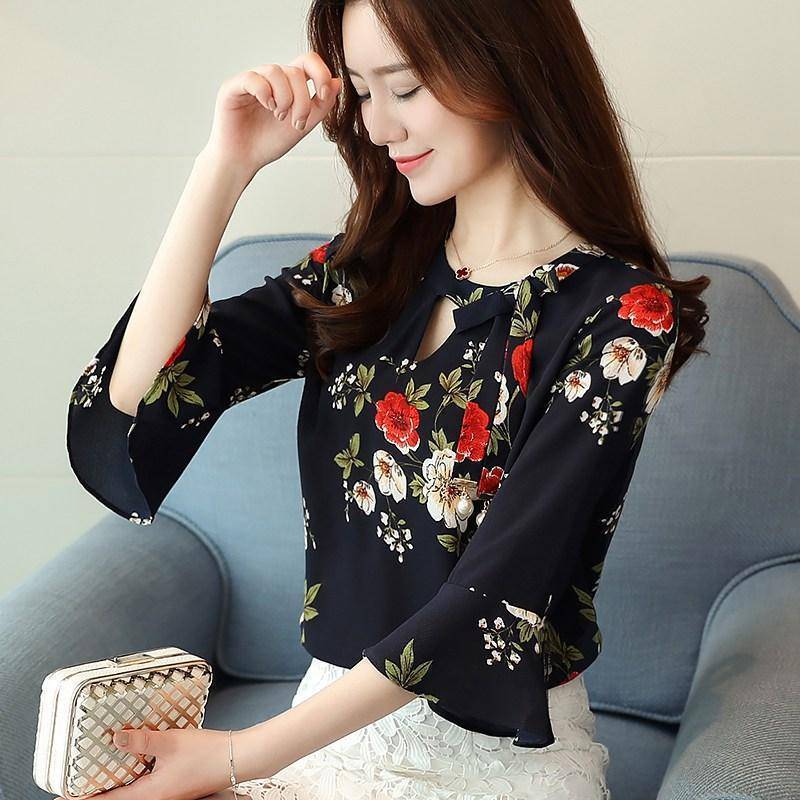Clothing Floral Print Shirts Elegant Three Quarter Flare Sleeves Chiffon (US 4-16)