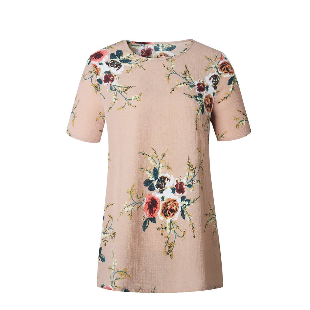 Clothing Floral Short Sleeve Ladies Chiffon Loose Casual Tops Round Neck (US 6-16W)