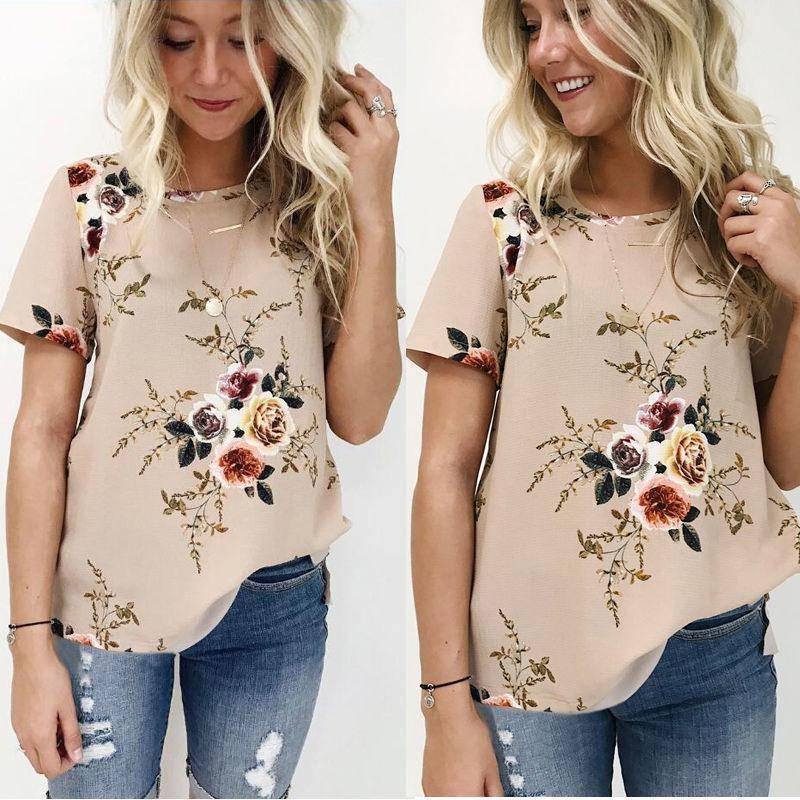 Floral Short Sleeve Ladies Chiffon Loose Casual Tops Round Neck (US 6-16W)