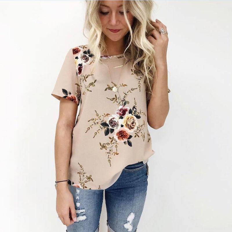 Clothing Floral Short Sleeve Ladies Chiffon Loose Casual Tops Round Neck (US 6-16W)