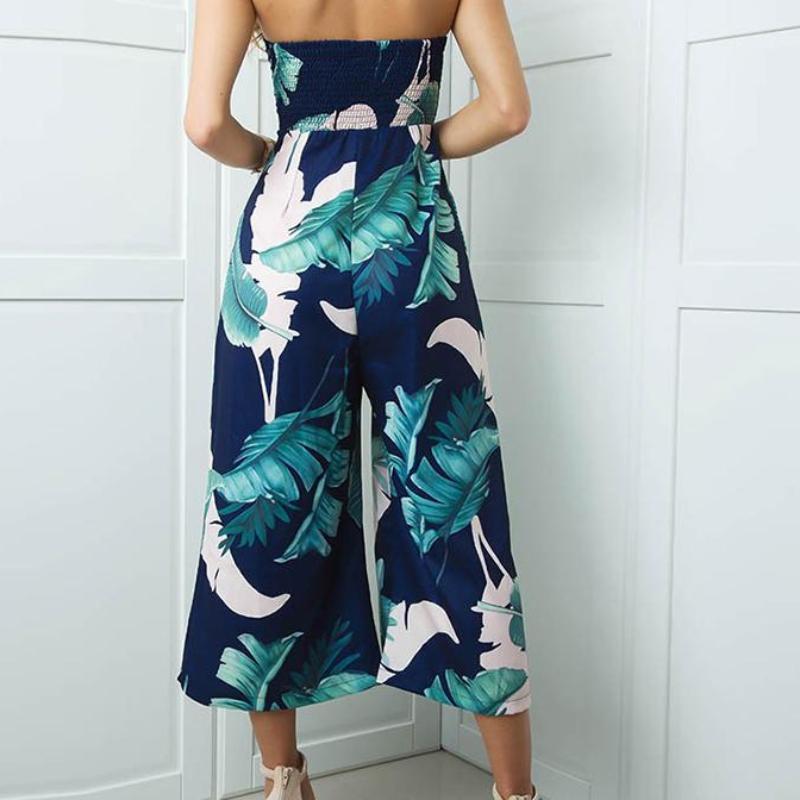 clothing Girl Off Shoulder Navy Blue Floral Print Jumpsuit Women Summer Beach Long Rompers Sexy Backless Playsuits Overalls (US 4-12)