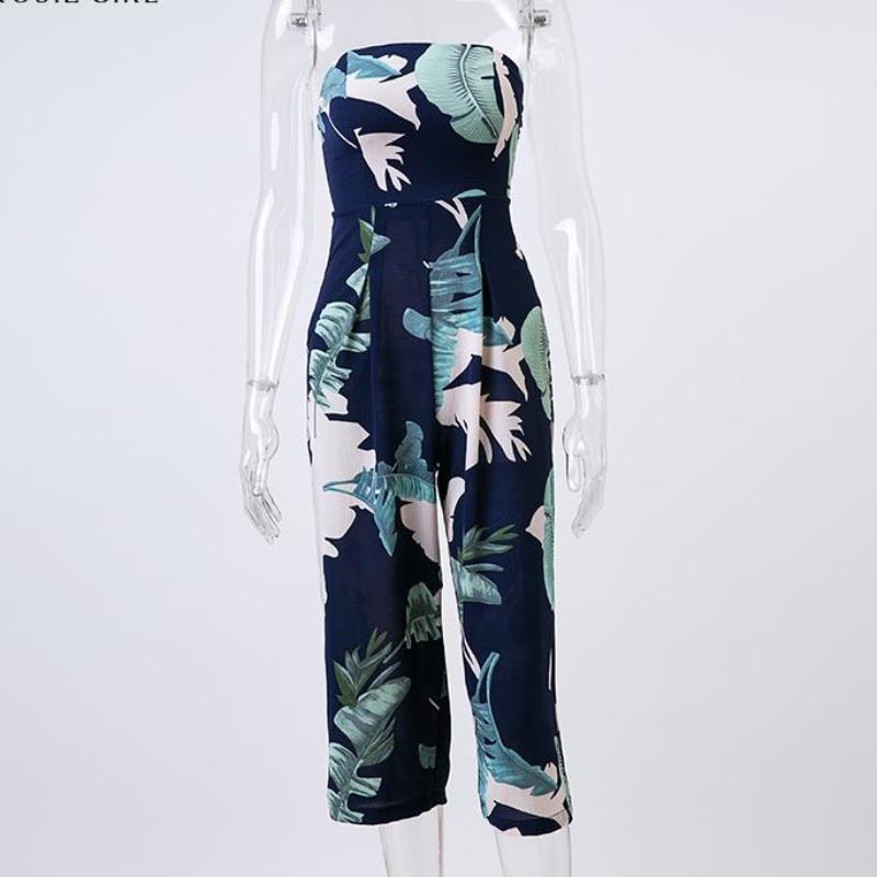 clothing Girl Off Shoulder Navy Blue Floral Print Jumpsuit Women Summer Beach Long Rompers Sexy Backless Playsuits Overalls (US 4-12)