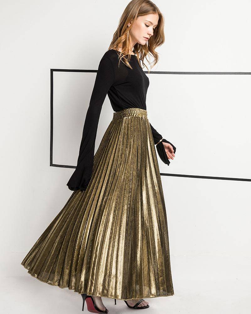 clothing gold / L (US 12-14) Metallic Long Pleated Floor length Maxi Skirt Gold or silver  (US 8-14)
