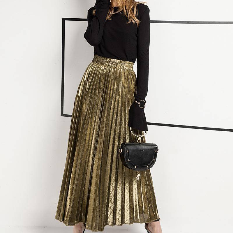 clothing gold / M (US 10-12) Metallic Long Pleated Floor length Maxi Skirt Gold or silver  (US 8-14)