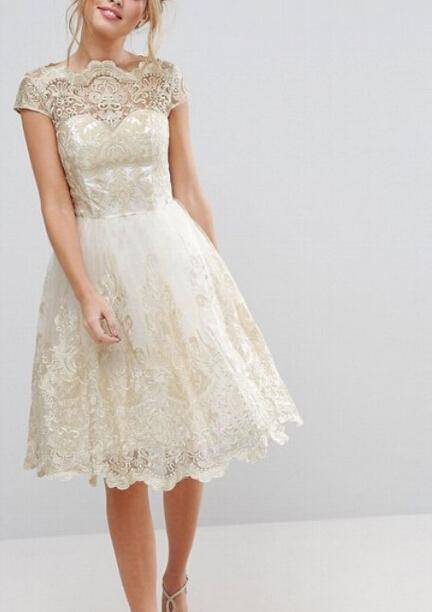 clothing Gold / S (US 4) Petite Lace Embroidery Floral short dress, formal Dresses ( US 4 - 10)