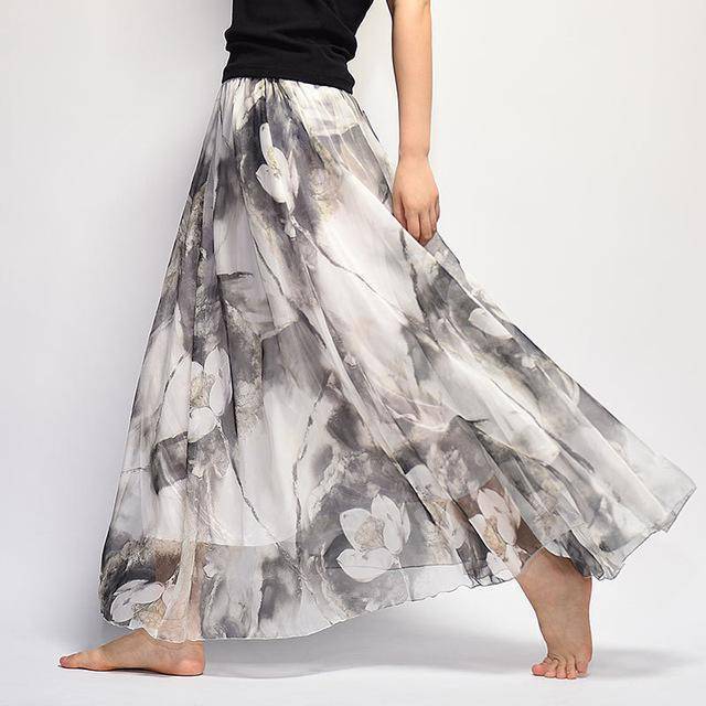 Clothing gray Fits 20"-39" waist, Chiffon Floral Printed Boho long (Floor Length) Skirt  Fits up to (US 16)