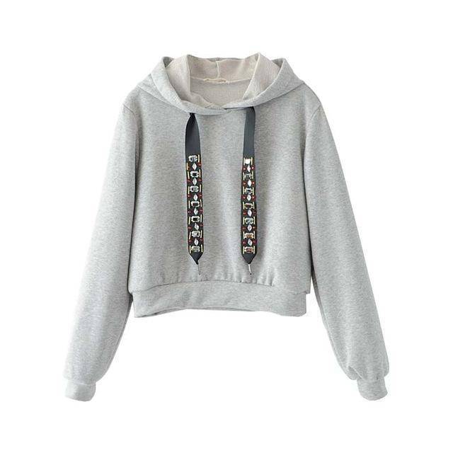 clothing Gray / S Casual hooded short Crystal sweatshirt
