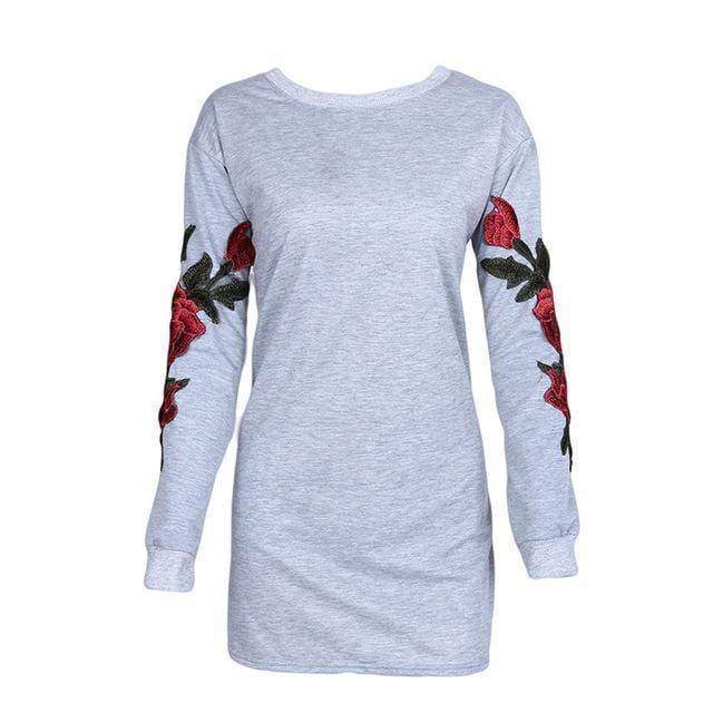 clothing gray / S Plus Size Rose floral Embroidery Long Sleeve Pullovers Sweatshirt Hoodies S-5XL