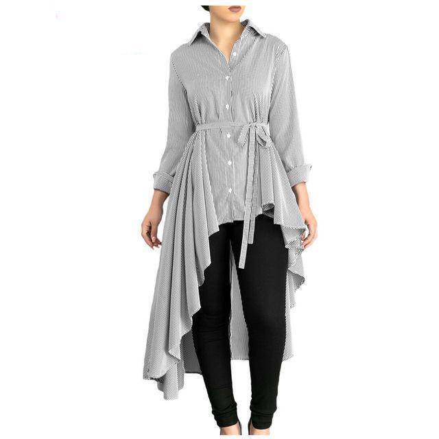 Clothing Gray / S (US 10-12) Plus Size - Stripe Blouse Long Sleeve Belted Tunic Top (US 10-22W)