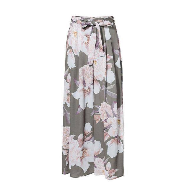 Clothing Gray / S (US 4-6) Floral Print Wide Leg Bohemian Chiffon Skirt Pants  (US 4-12)