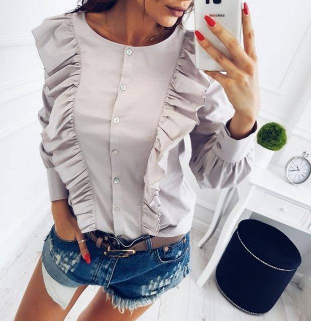 Clothing Gray / S (US 4-6) New Women Autumn Winter Cute Ruffle Slim Blouse O-neck Long Sleeve button Ladies Casual shirts (US 4-16)