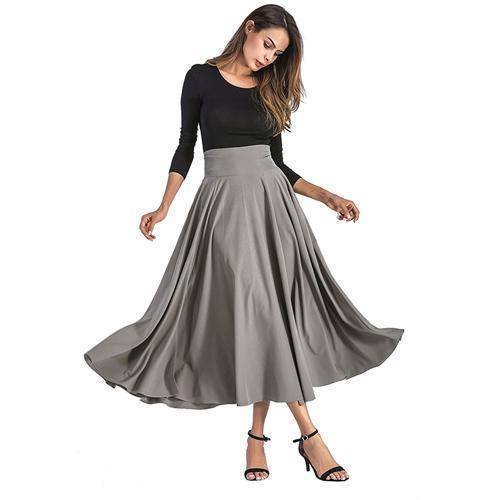 Clothing Gray / S (US 6-8) Maxi Skirt vintage Retro High Waist Pleated  Long Skirts Back Bow with Belt (US 6-16)