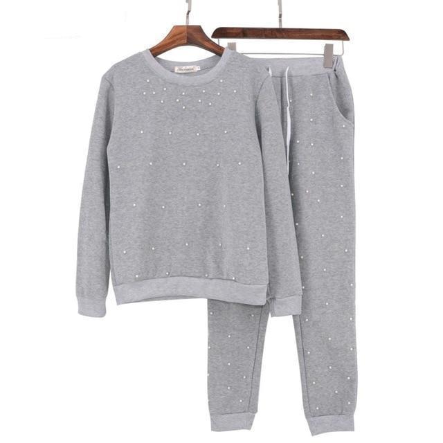 Clothing Gray / S (US 6-8) New Fashion Long Sleeve Pearl Beading Women's Tracksuits O-Neck Sweatshirt + Long Pants 2 Piece Women Set (US 6-16)