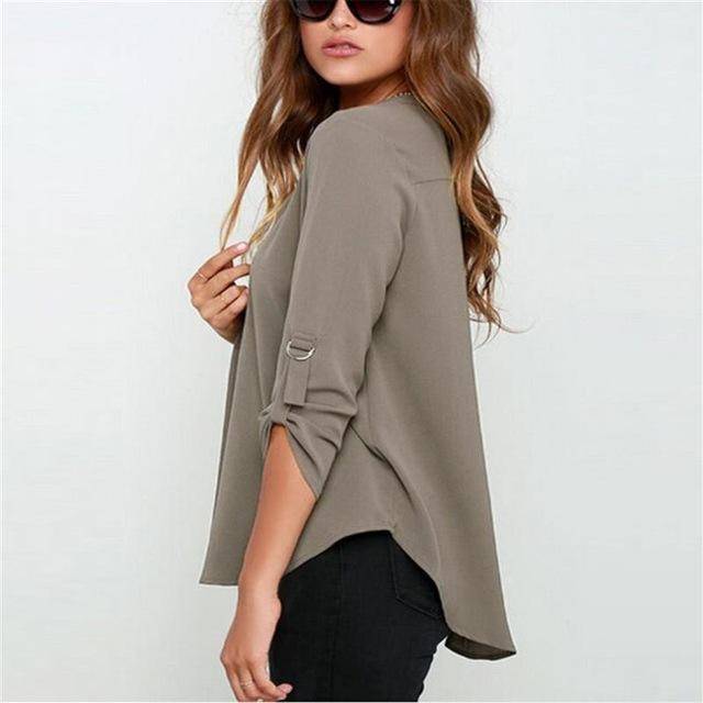 Clothing Gray / S (US 8-10) Plus Size - New Summer Fashion Women Casual V-neck Long Sleeve Blouse Casual Womens Loose Tops Blouses Clothing (8-22W)